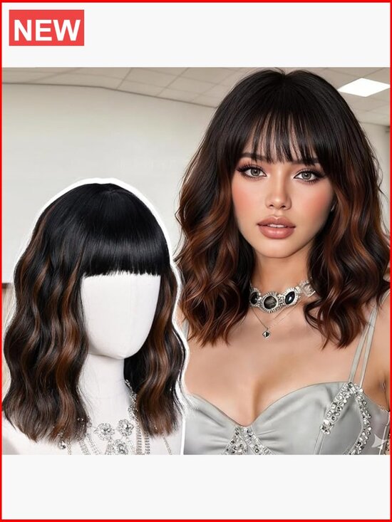Short Wavy Bob Wig with Bangs for Women, Shoulder Length, Silky Soft Synthetic main image 6